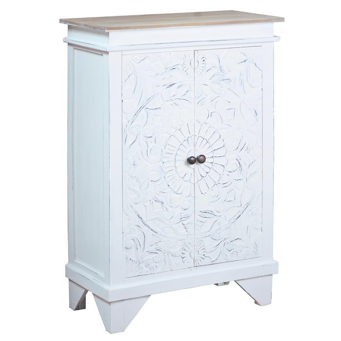 Sunset Trading Cottage Carved Accent Cabinet | Distressed White/Driftwood Brown Solid Wood | Fully Assembled Hall Table