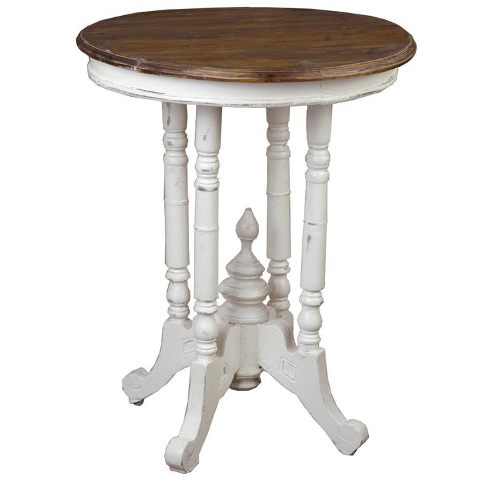 Sunset Trading Cottage Round Accent End Table | Distressed White/Raftwood Brown Solid Wood | Fully Assembled