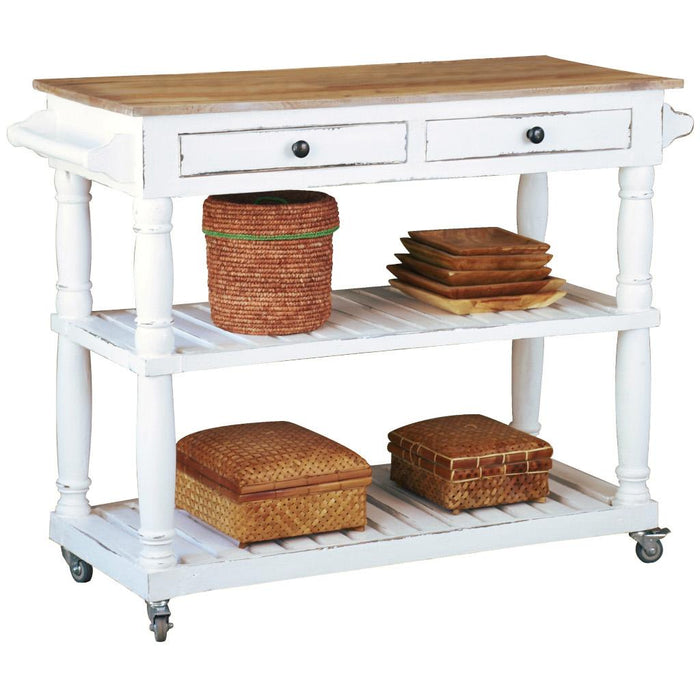 Sunset Trading Cottage Kitchen Island with Casters | White/Natural Top | Kitchen Cart Solid Wood | Fully Assembled Sideboard