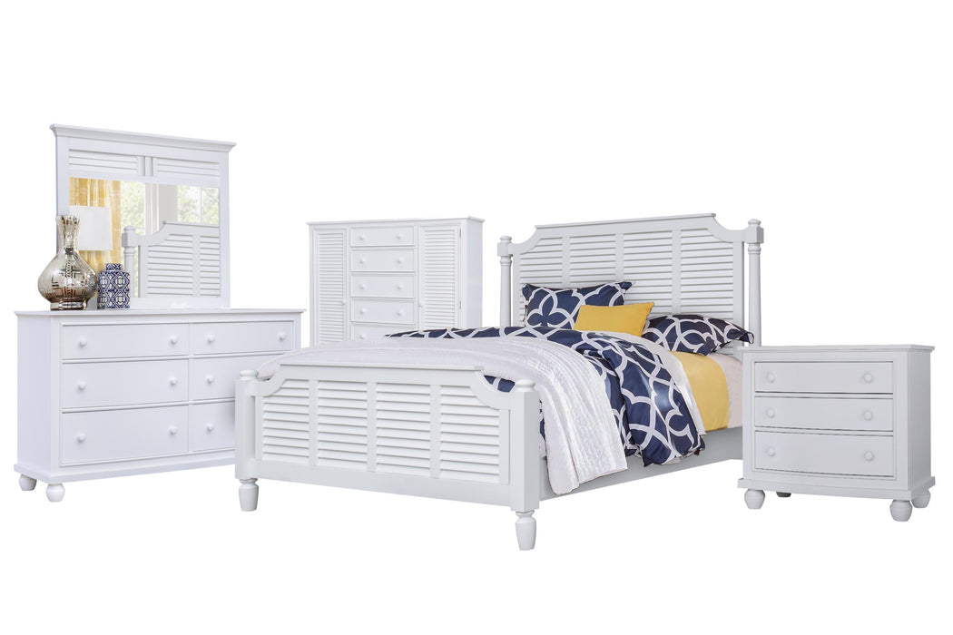 Sunset Trading White Shutter Wood 5 Piece Queen Bedroom Set | 3 Drawer Nightstand | 6 Drawer Dresser Mirror | Tall Dresser
