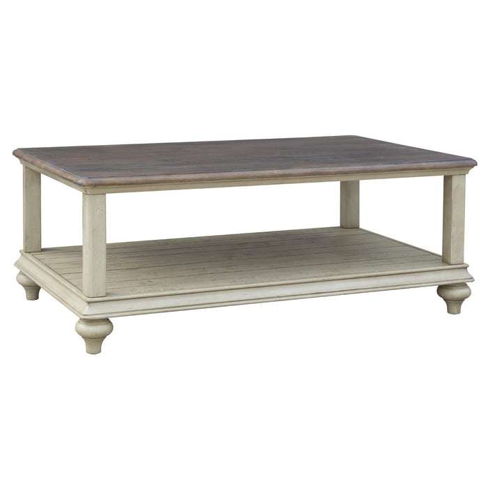 Sunset Trading Shades of Sand Cocktail Table | Storage Shelf | Cream Puff and Walnut Brown Solid Wood