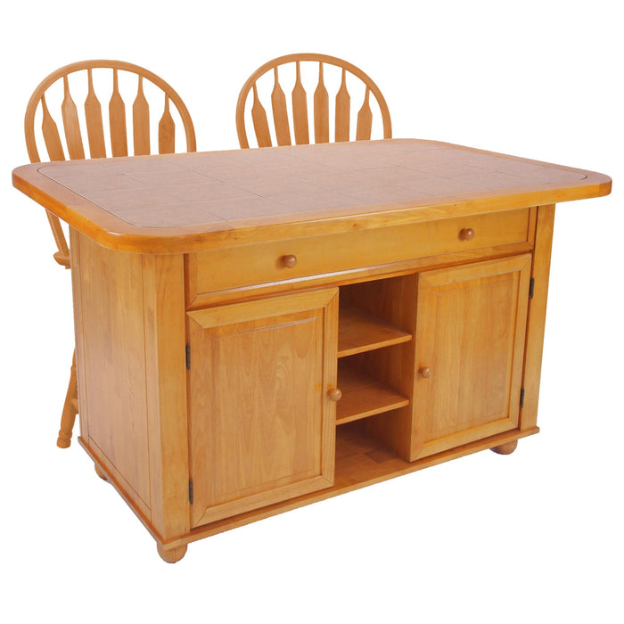 Sunset Trading 3 Piece Light Oak Kitchen Island Set | Terracotta Rose Tile Top