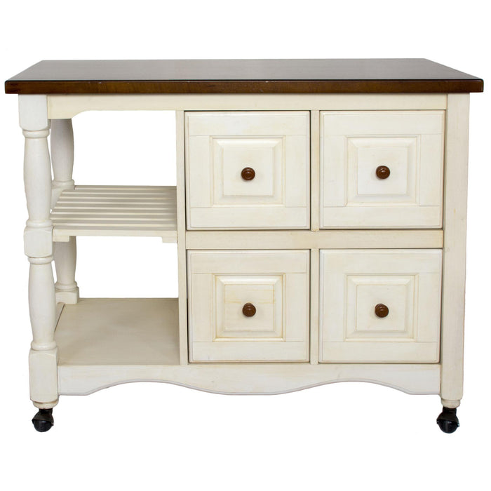 Sunset Trading Andrews Kitchen Cart | Four Drawers | Open Shelves | Antique White and Chestnut Brown