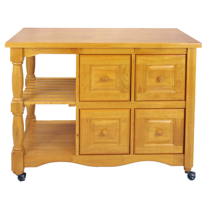 Sunset Trading Regal Kitchen Cart | Four Drawers | Open Shelves | Light Oak