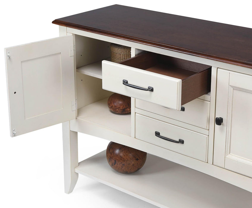 Sunset Trading Andrews Sideboard with Large Display Shelf | 3 Drawers 2 Storage Cabinets | Antique White and Chestnut Brown
