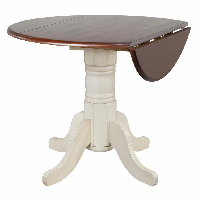 Sunset Trading Andrews 42" Round Extendable Drop Leaf Dining Table | Antique White and Chestnut Brown | Seats 4