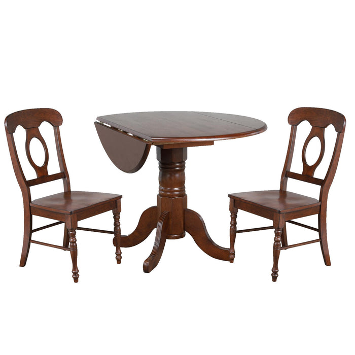 Sunset Trading Andrews 3 Piece 42" Round Extendable Drop Leaf Dining Table Set | Chestnut Brown | Napoleon Chairs | Seats 4