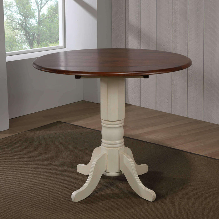 Sunset Trading Andrews 42" Round Extendable Drop Leaf Pub Table | Antique White with Chestnut Brown Top | Seats 4