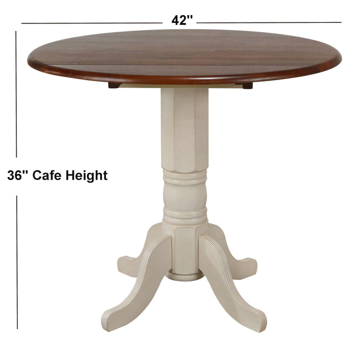 Sunset Trading Andrews 42" Round Extendable Drop Leaf Pub Table | Antique White with Chestnut Brown Top | Seats 4