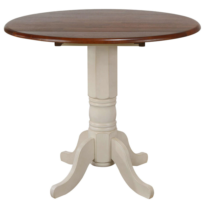 Sunset Trading Andrews 42" Round Extendable Drop Leaf Pub Table | Antique White with Chestnut Brown Top | Seats 4
