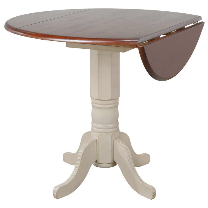 Sunset Trading Andrews 42" Round Extendable Drop Leaf Pub Table | Antique White with Chestnut Brown Top | Seats 4
