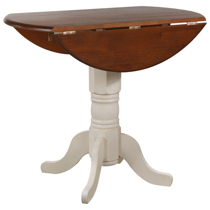 Sunset Trading Andrews 42" Round Extendable Drop Leaf Pub Table | Antique White with Chestnut Brown Top | Seats 4