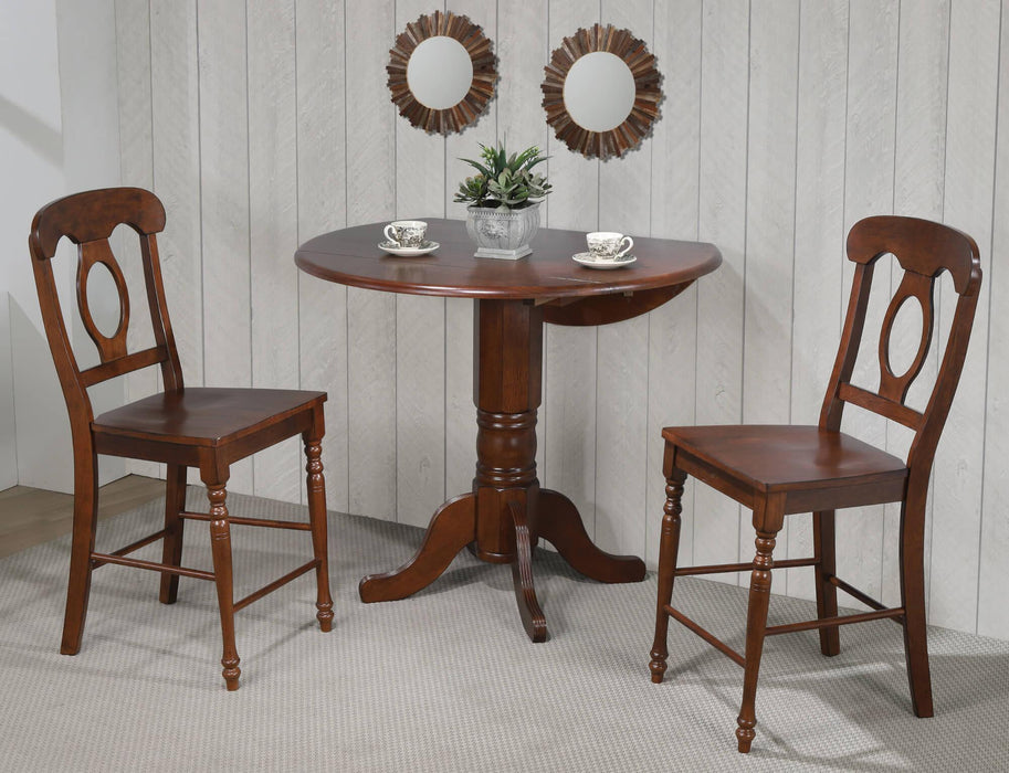 Sunset Trading Andrews 3 Piece 42" Round Extendable Drop Leaf Pub Table Set | Chestnut Brown | Napoleon Stools | Seats 4