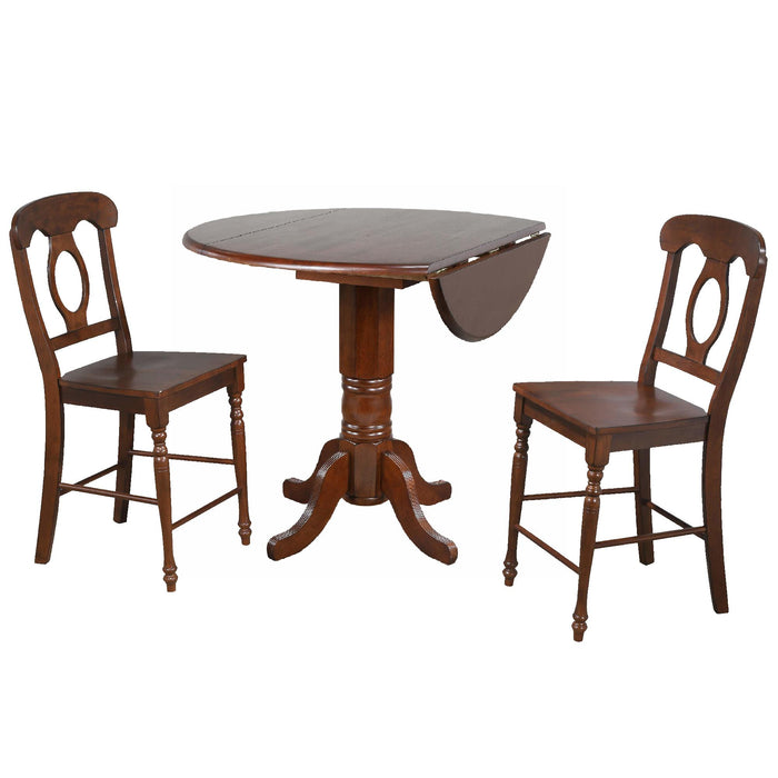 Sunset Trading Andrews 3 Piece 42" Round Extendable Drop Leaf Pub Table Set | Chestnut Brown | Napoleon Stools | Seats 4