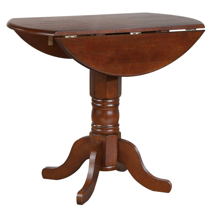Sunset Trading Andrews 3 Piece 42" Round Extendable Drop Leaf Pub Table Set | Chestnut Brown | Napoleon Stools | Seats 4