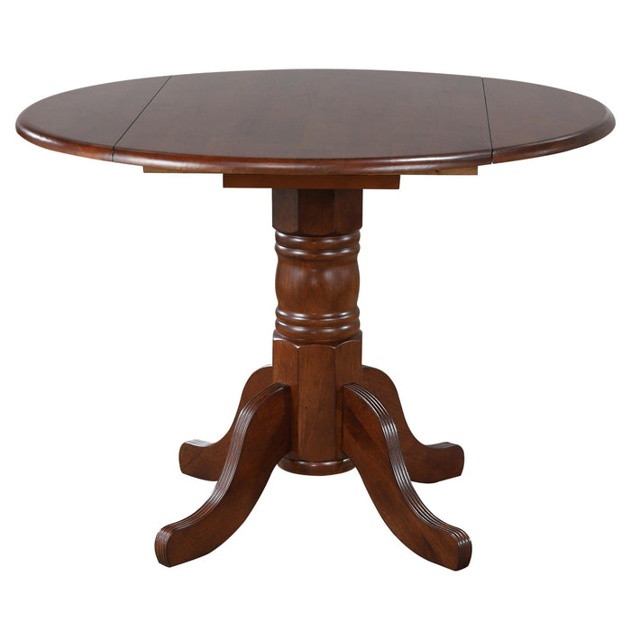Sunset Trading Andrews 3 Piece 42" Round Extendable Drop Leaf Dining Table Set | Chestnut Brown | Napoleon Chairs | Seats 4