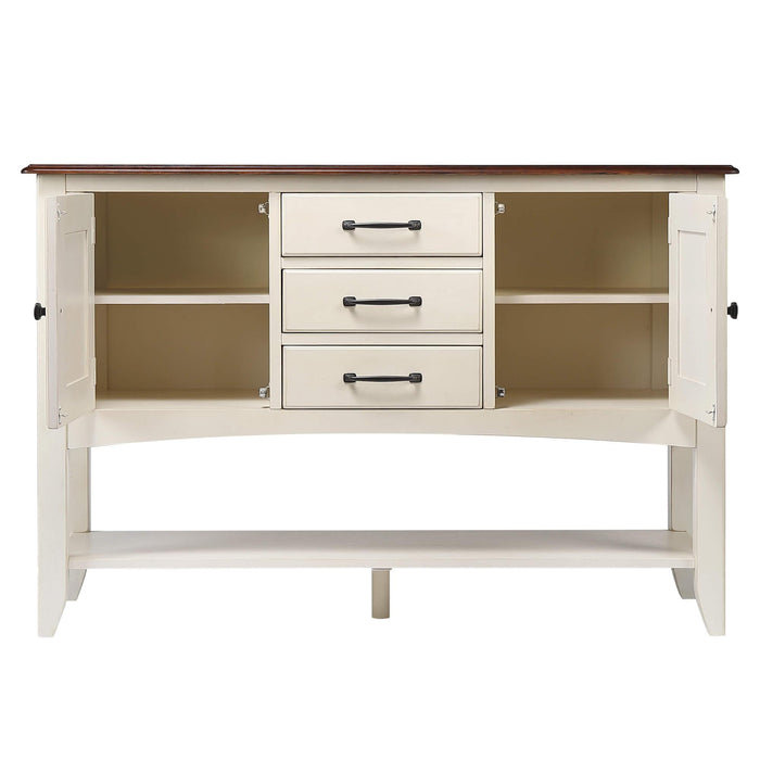 Sunset Trading Andrews Sideboard with Large Display Shelf | 3 Drawers 2 Storage Cabinets | Antique White and Chestnut Brown