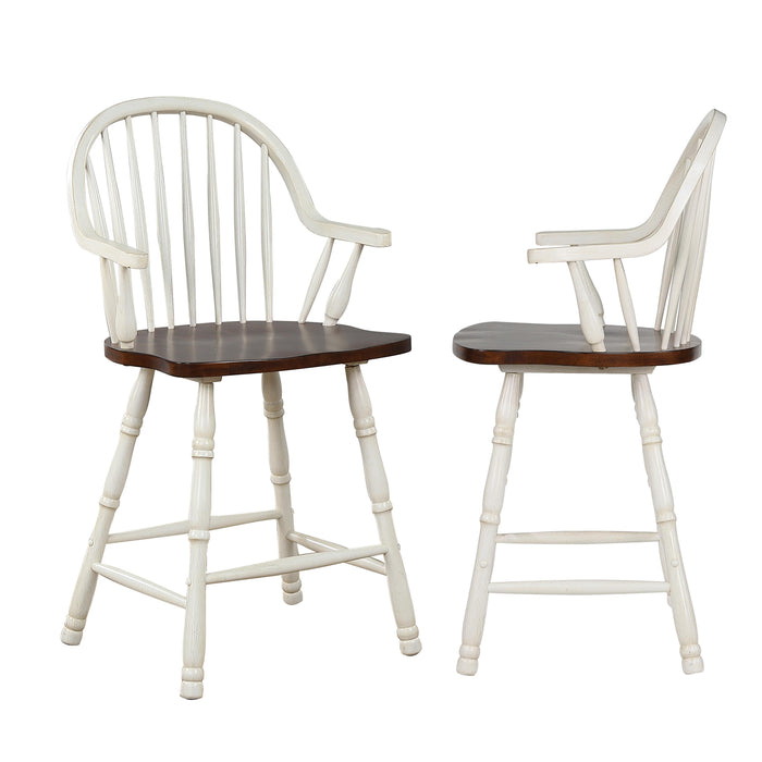 Sunset Trading Andrews 24" Windsor Barstool with Arms | Counter Height Stool | Antique White and Chestnut Brown | Set of 2
