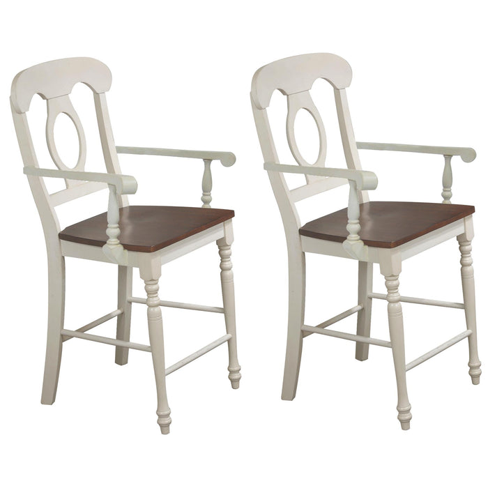 Sunset Trading Andrews Napoleon Barstool with Arms | Antique White with Chestnut Brown Seat | Counter Height Stool | Set of 2