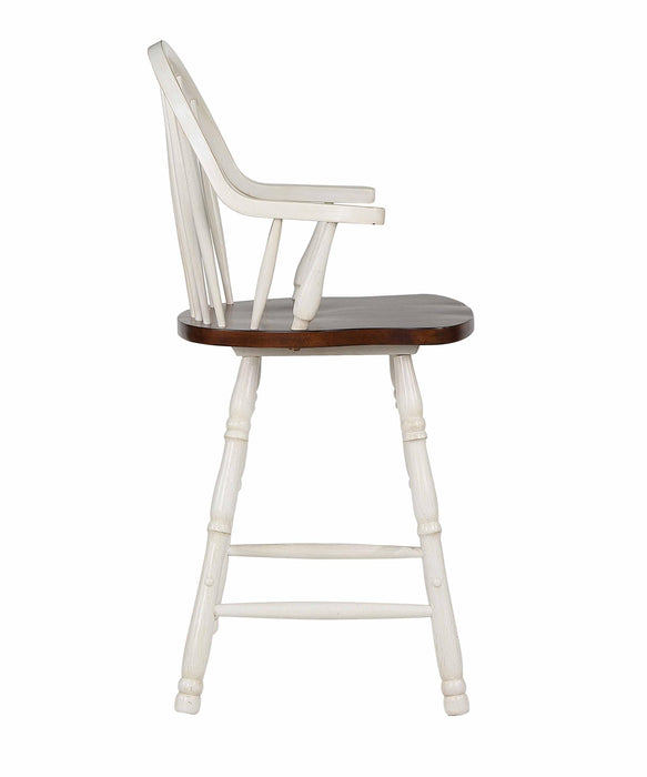 Sunset Trading Andrews 24" Windsor Barstool with Arms | Counter Height Stool | Antique White and Chestnut Brown | Set of 2