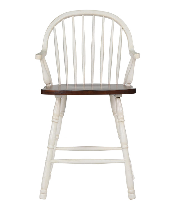 Sunset Trading Andrews 24" Windsor Barstool with Arms | Counter Height Stool | Antique White and Chestnut Brown | Set of 2