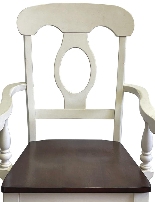 Sunset Trading Andrews Napoleon Barstool with Arms | Antique White with Chestnut Brown Seat | Counter Height Stool | Set of 2