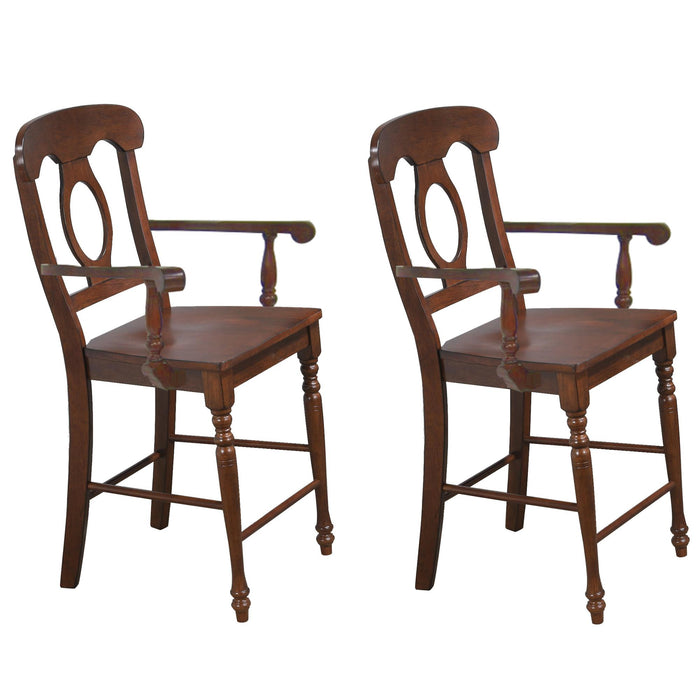 Sunset Trading Andrews Napoleon Barstool with Arms | Chestnut Brown | Counter Height Stool | Set of 2
