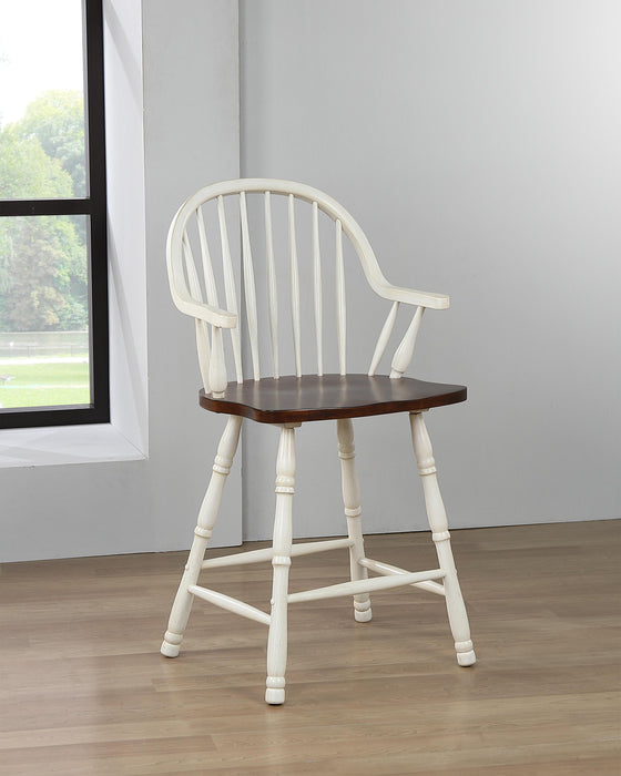 Sunset Trading Andrews 24" Windsor Barstool with Arms | Counter Height Stool | Antique White and Chestnut Brown | Set of 2
