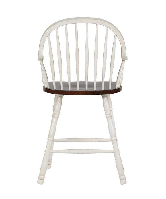 Sunset Trading Andrews 24" Windsor Barstool with Arms | Counter Height Stool | Antique White and Chestnut Brown | Set of 2