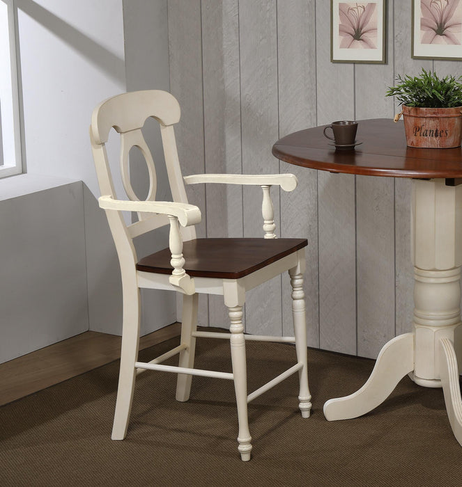 Sunset Trading Andrews Napoleon Barstool with Arms | Antique White with Chestnut Brown Seat | Counter Height Stool | Set of 2