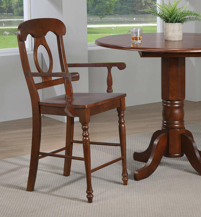 Sunset Trading Andrews Napoleon Barstool with Arms | Chestnut Brown | Counter Height Stool | Set of 2