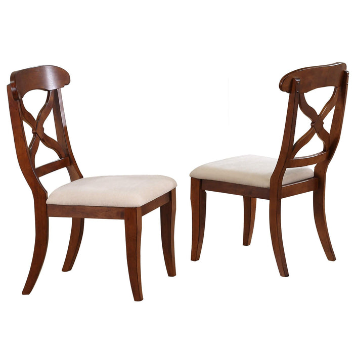 Sunset Trading Andrews Cross Back Upholstered Dining Side Chair | Chestnut Brown Solid Wood | Set of 2