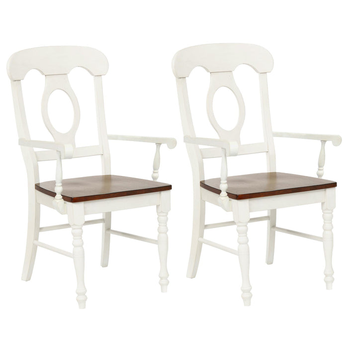 Sunset Trading Andrews Napoleon Dining Chair with Arms | Two Tone Antique White Chestnut Brown Solid Wood | Set of 2