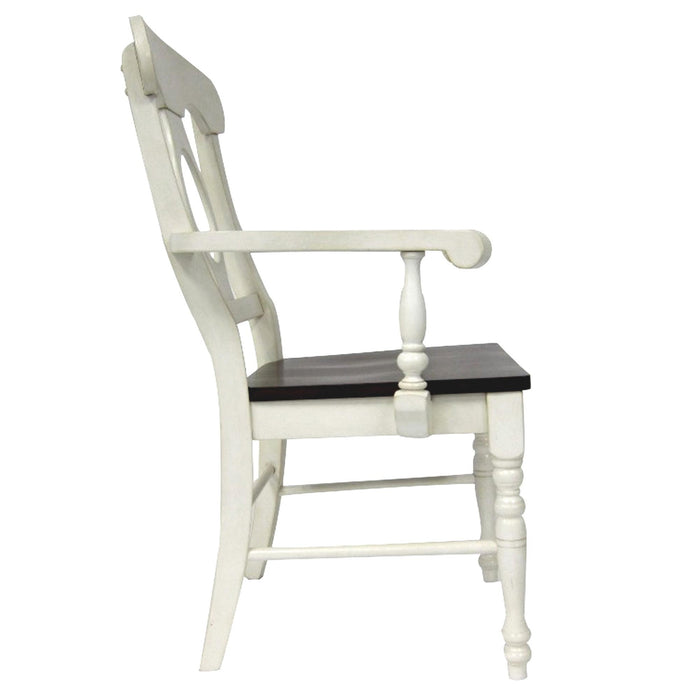 Sunset Trading Andrews Napoleon Dining Chair with Arms | Two Tone Antique White Chestnut Brown Solid Wood | Set of 2