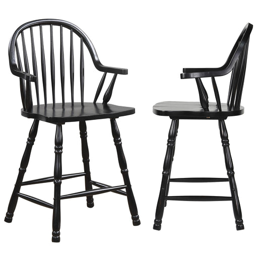 Sunset Trading Black Cherry Selections 24" Windsor Barstool with Arms | Counter Height Stool | Antique Black | Set of 2 -  Chapter 11 Furniture (Lewiston, Maine)