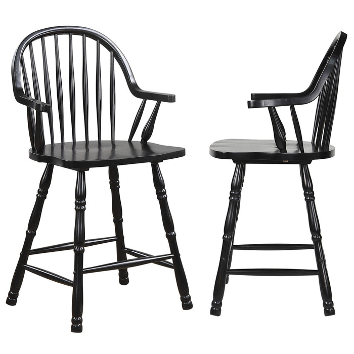 Sunset Trading Black Cherry Selections 24" Windsor Barstool with Arms | Counter Height Stool | Antique Black | Set of 2