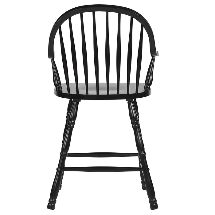 Sunset Trading Black Cherry Selections 24" Windsor Barstool with Arms | Counter Height Stool | Antique Black | Set of 2