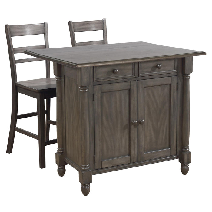 Sunset Trading Shades of Gray Expandable Drop Leaf Kitchen Island Set with 2 Stools | Drawers and Cabinet