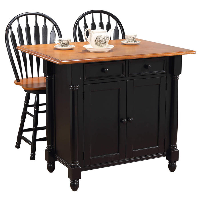 Sunset Trading Antique Black Expandable Kitchen Island with 2 Swivel Stools | Cherry Drop Leaf Top | Drawers and Cabinet