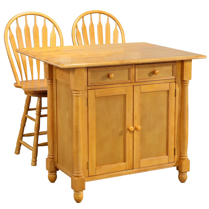 Sunset Trading Light Oak Expandable Drop Leaf Kitchen Island with 2 Swivel Stools | Breakfast Bar | Drawers and Cabinet