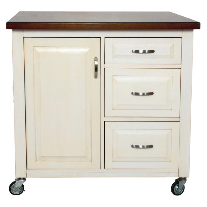 Sunset Trading Andrews Kitchen Cart | Three Drawers | Adjustable Shelf Cabinet | Distressed Antique White and Chestnut