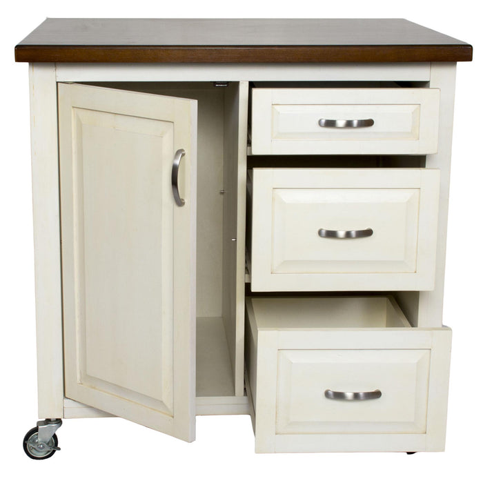 Sunset Trading Andrews Kitchen Cart | Three Drawers | Adjustable Shelf Cabinet | Distressed Antique White and Chestnut