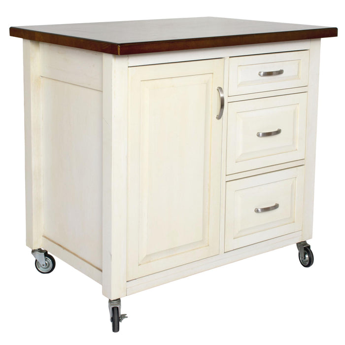 Sunset Trading Andrews Kitchen Cart | Three Drawers | Adjustable Shelf Cabinet | Distressed Antique White and Chestnut