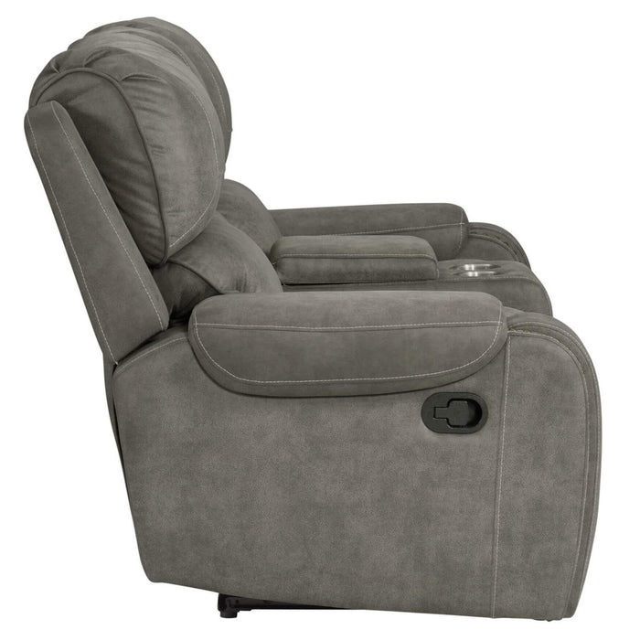 Sunset Trading Calvin 78" Wide Dual Reclining Loveseat with Storage Console | Nailheads | Easy to Clean Gray Fabric -  Chapter 11 Furniture (Lewiston, Maine)