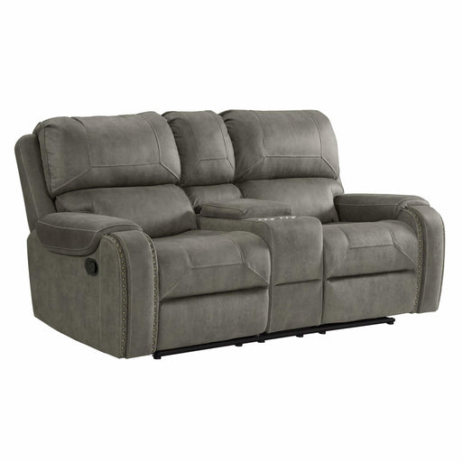 Sunset Trading Calvin 78" Wide Dual Reclining Loveseat with Storage Console | Nailheads | Easy to Clean Gray Fabric -  Chapter 11 Furniture (Lewiston, Maine)