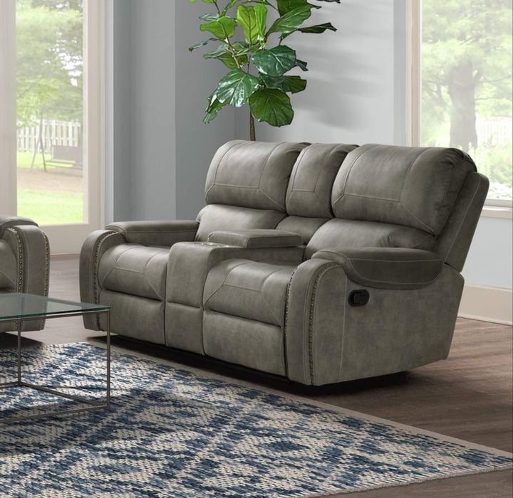 Sunset Trading Calvin 78" Wide Dual Reclining Loveseat with Storage Console | Nailheads | Easy to Clean Gray Fabric -  Chapter 11 Furniture (Lewiston, Maine)