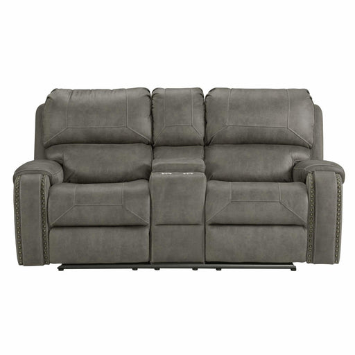 Sunset Trading Calvin 78" Wide Dual Reclining Loveseat with Storage Console | Nailheads | Easy to Clean Gray Fabric -  Chapter 11 Furniture (Lewiston, Maine)