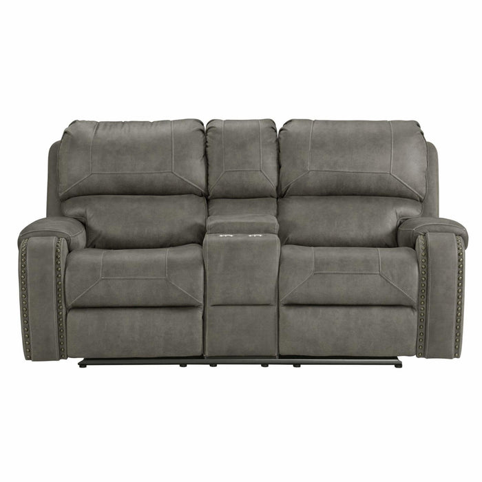 Sunset Trading Calvin 78" Wide Dual Reclining Loveseat with Storage Console | Nailheads | Easy to Clean Gray Fabric -  Chapter 11 Furniture (Lewiston, Maine)