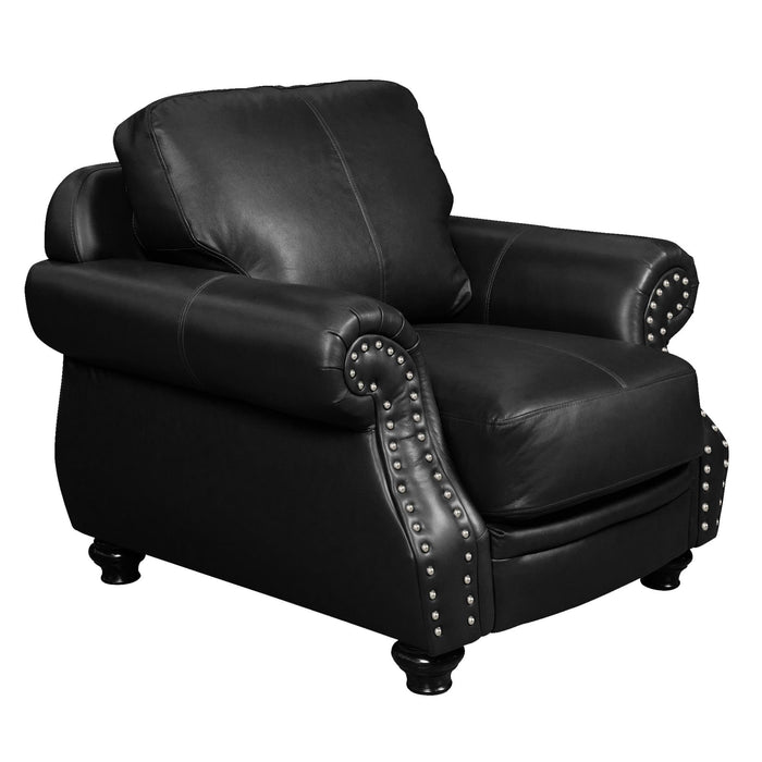 Sunset Trading Charleston 42" Wide Top Grain Leather Armchair | Black Rolled Arm Accent Chair with Nailheads