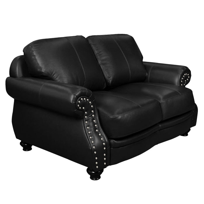 Sunset Trading Charleston 63" Wide Top Grain Leather Loveseat | Black Rolled Arm Small Couch with Nailheads